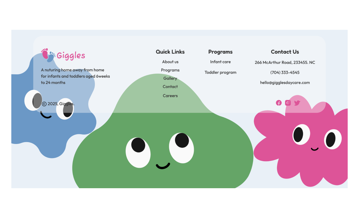 Giggles visual design — footer with the three blob mascot characters, quick links, programs, and contact information